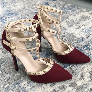 Pre loved burgundy gold studded ankle strap heels